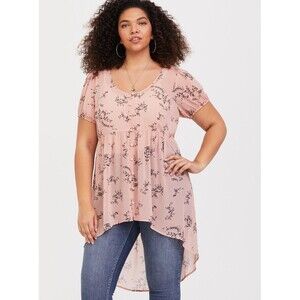 Torrid Blouse 2X Floral Leafy Lexie Babydoll Chiffon Button Front Scoop Neck